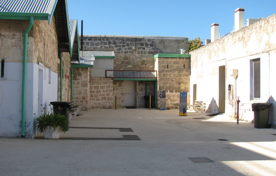 Limestone buildings in the Gatehouse complex facing prisoner reception area
